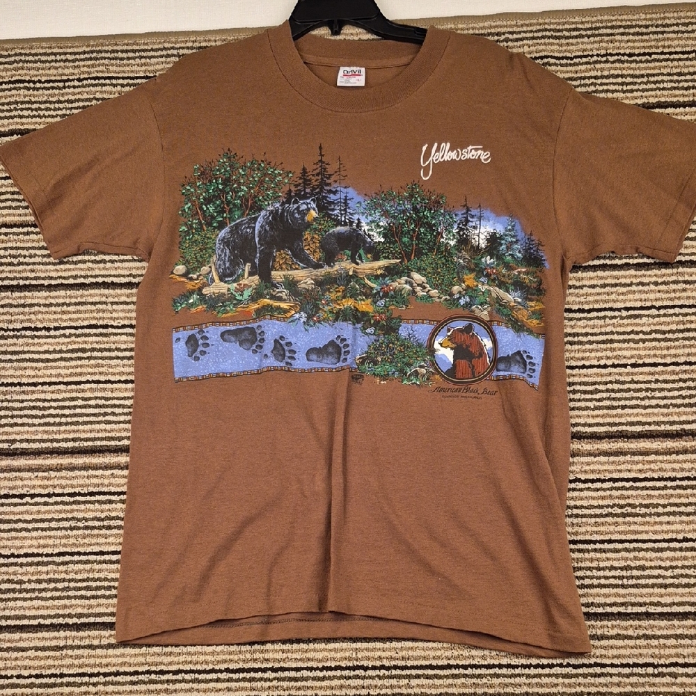 YELLOWSTONE Black Bears Brown Cotton USA Single Stitch Nature‎ L T Shirt VTG 90s